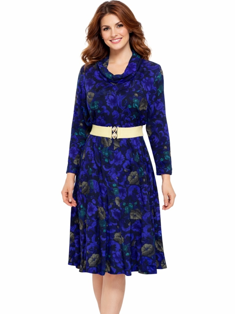 Vintage 90s Blue Floral Midi Dress Cowl Neck Elastic Waist